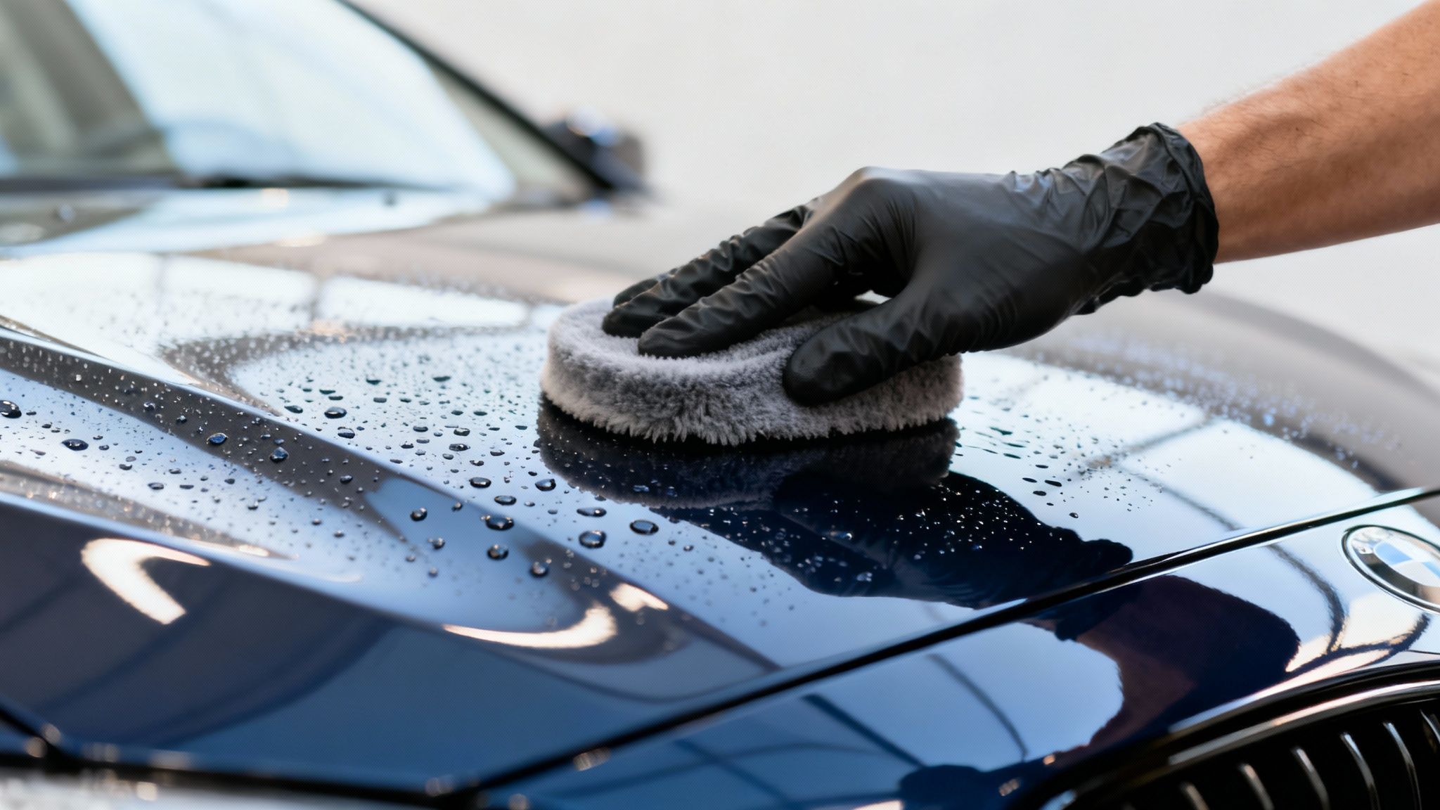 A gloved hand applies a protective coating or detailing product to the wet hood of a dark blue car.