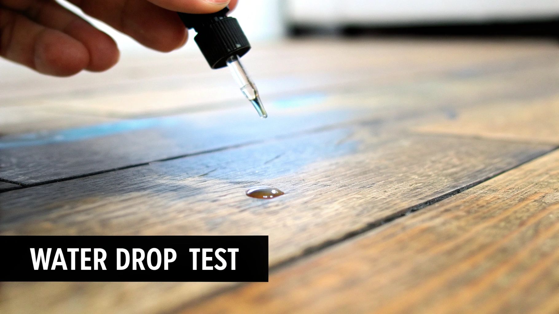 A close-up of a hand using a dropper to perform a water drop test on a wooden floor.