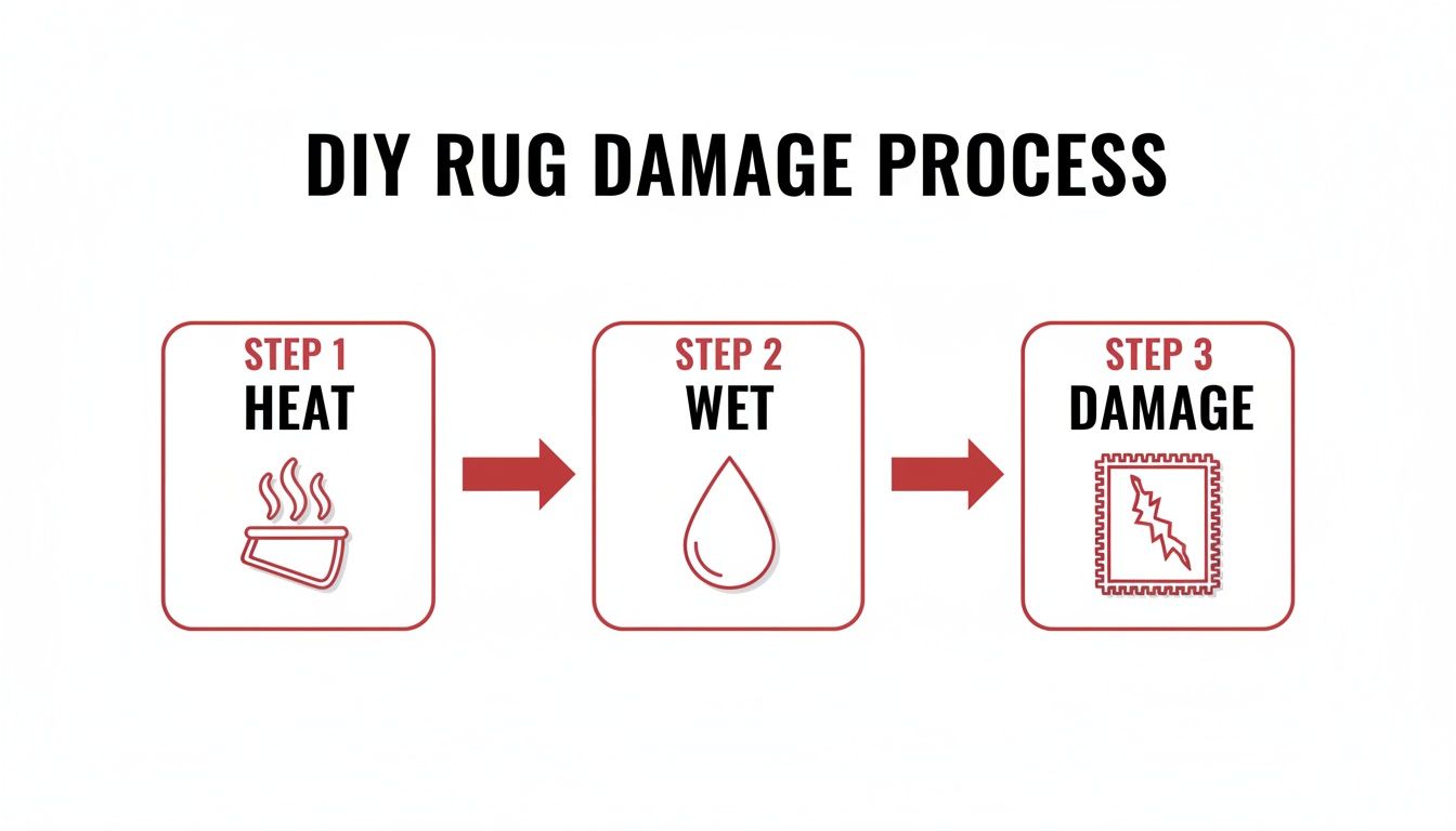 Flowchart illustrating the DIY rug damage process with steps: heat, wet, and ultimate damage.