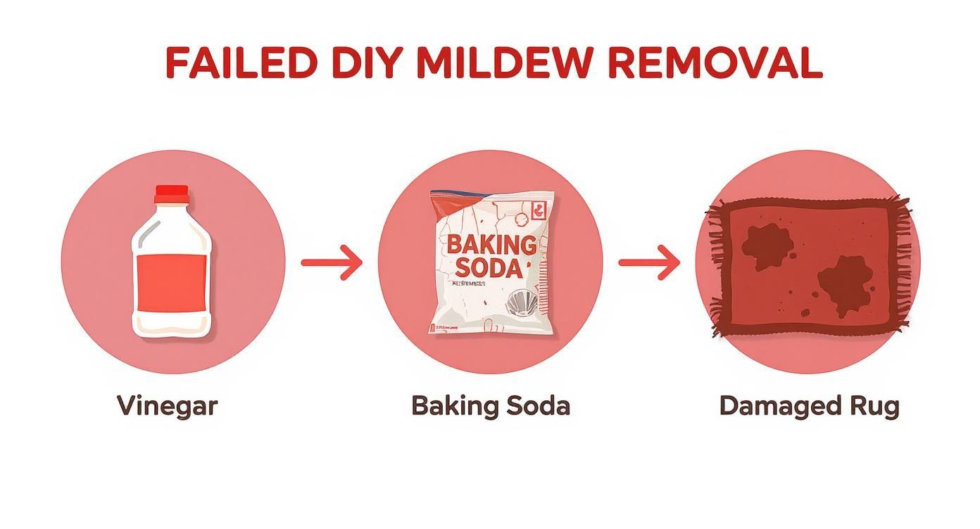 Illustration showing failed DIY mildew removal using vinegar and baking soda, resulting in a damaged rug.