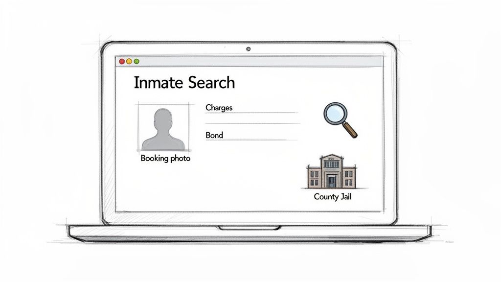 A sketch of a laptop showing an Inmate Search page with booking photo, charges, bond, search icon, and county jail.