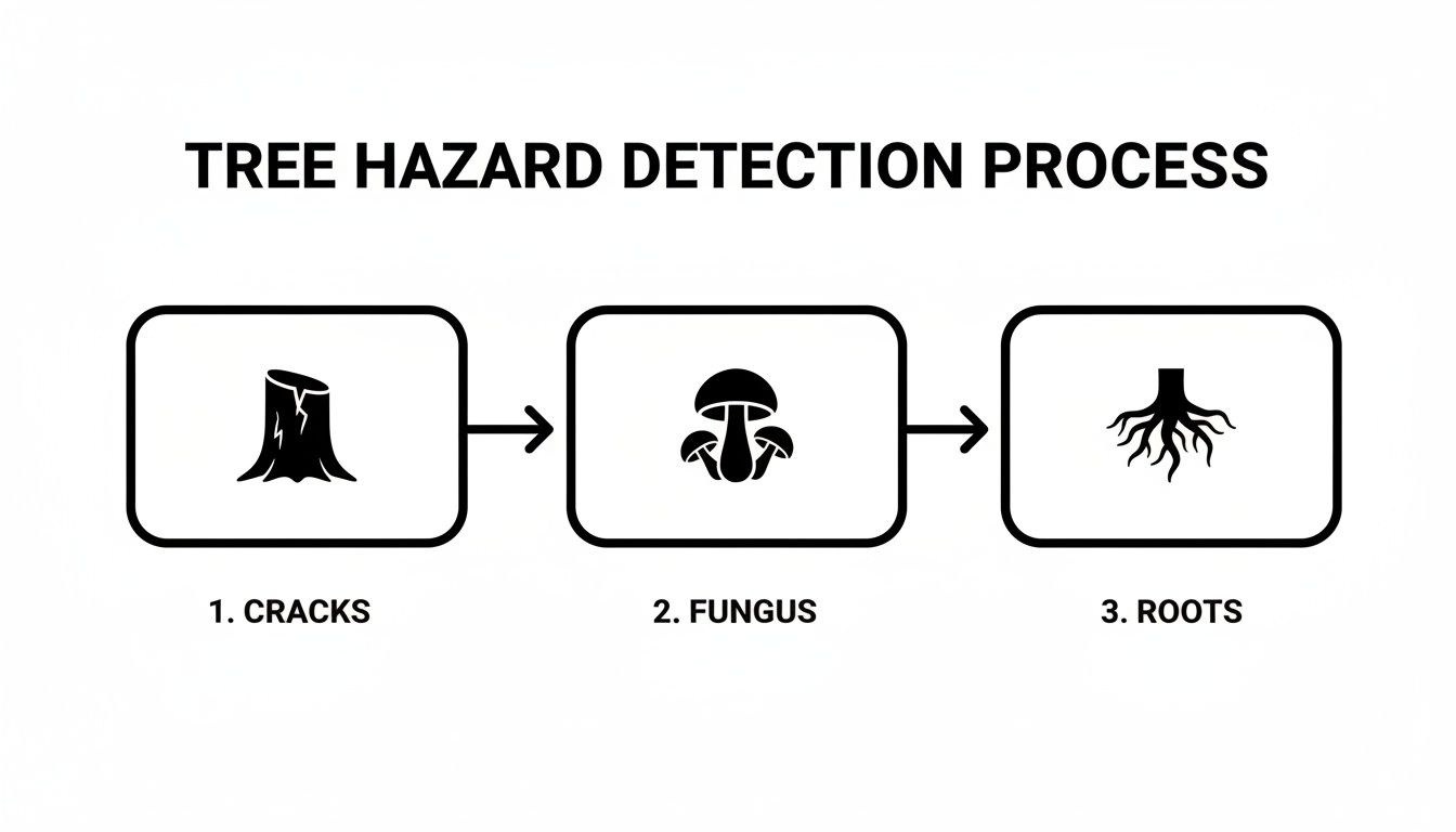 A flowchart illustrating the tree hazard detection process, showing cracks, fungus, and roots.