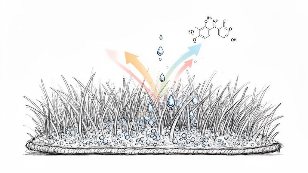 Illustration showing water droplets and colored arrows rising from grass, alongside a chemical formula.