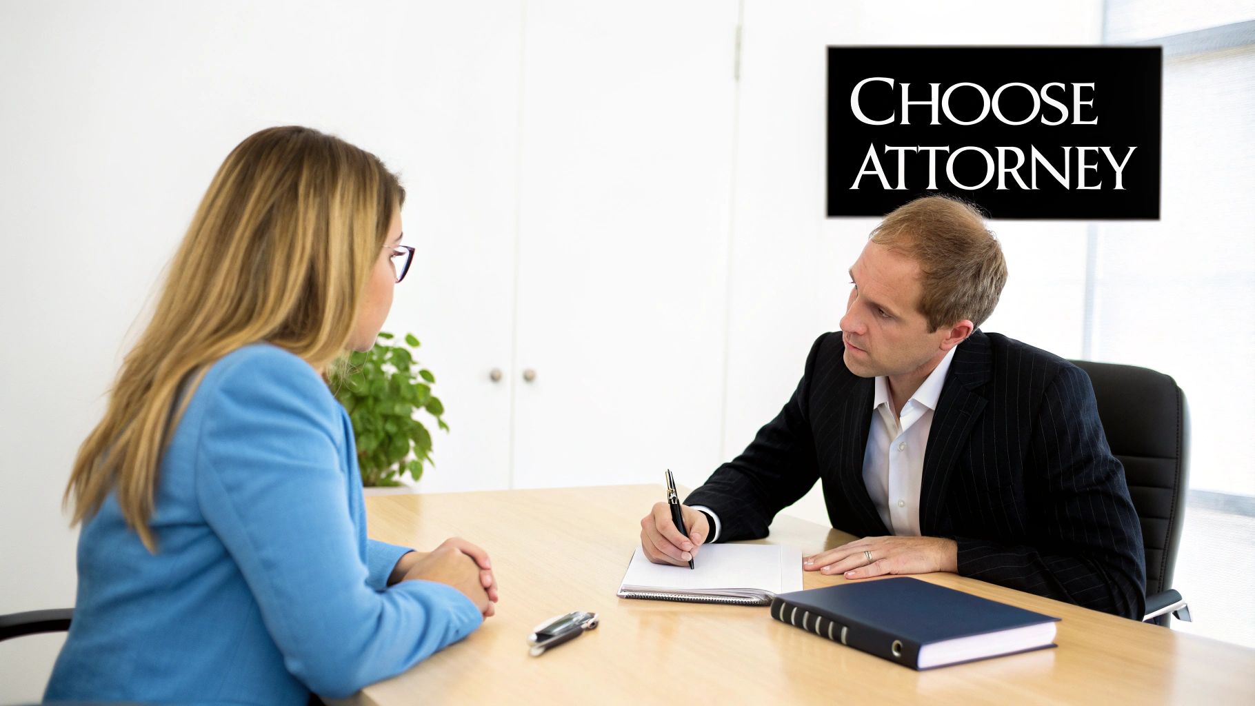 A man and a woman in an office setting discussing, with a sign "CHOOSE ATTORNEY" in the background.