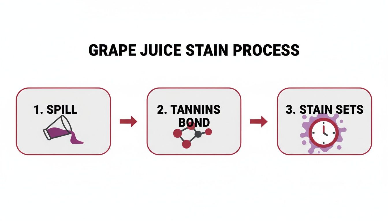 A three-step diagram illustrates the grape juice stain process: 1. Spill, 2. Tannins bond, 3. Stain sets.