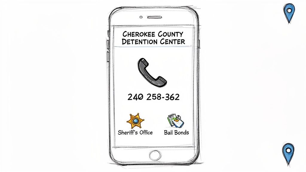 Smartphone screen displaying contact information for Cherokee County Detention Center, including phone number, Sheriff's Office, and Bail Bonds.