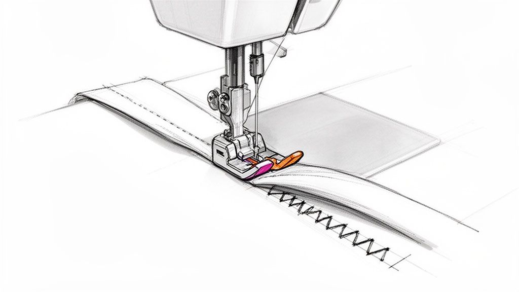 Detailed sketch of a sewing machine performing a blind hem stitch on fabric with a specialized presser foot.
