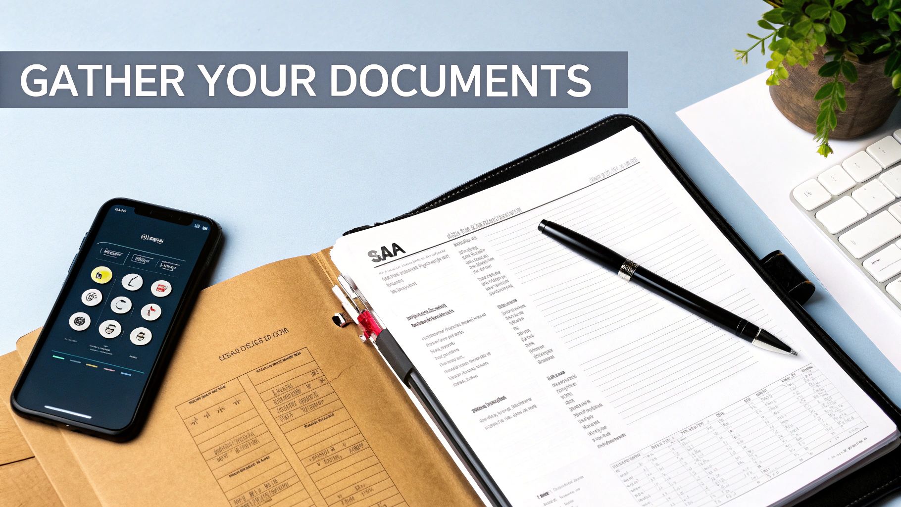A desk with official documents, a smartphone, and a pen, illustrating the process of gathering important documents.