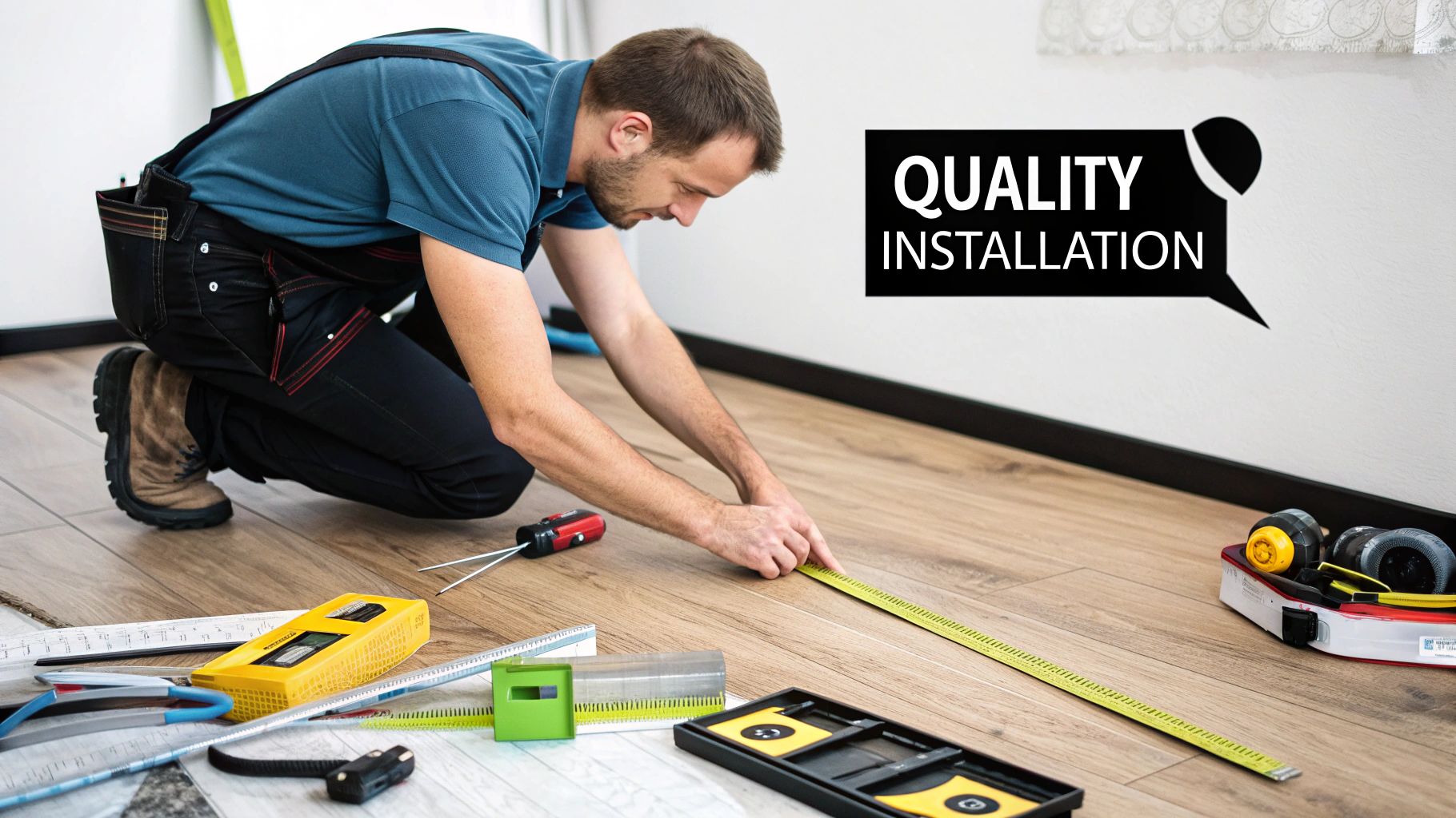 A professional flooring installer carefully laying down new hardwood planks on a prepared subfloor.
