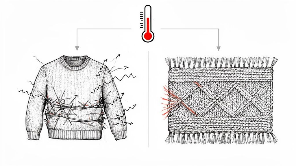 Illustration depicting a sweater radiating heat and a knitted rug with internal red lines, related to cleaning.