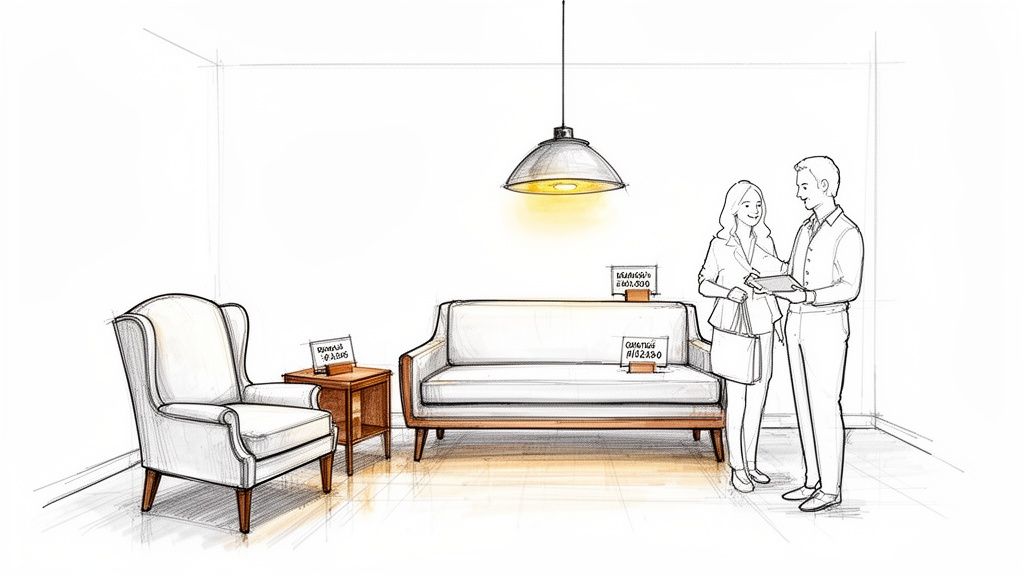 Sketch of a furniture showroom with a wingback armchair, side table, sofa, and two people discussing furniture.