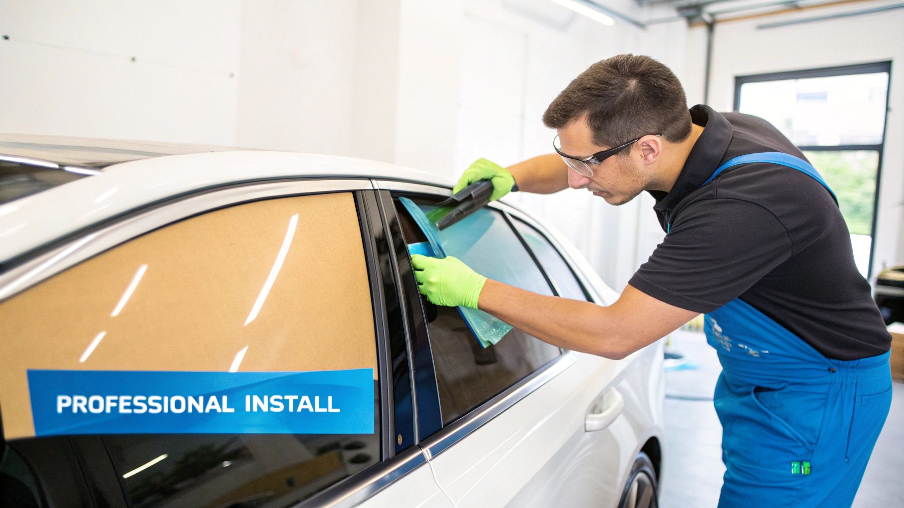 A professional technician wearing safety glasses and gloves applies window tint to a white car.