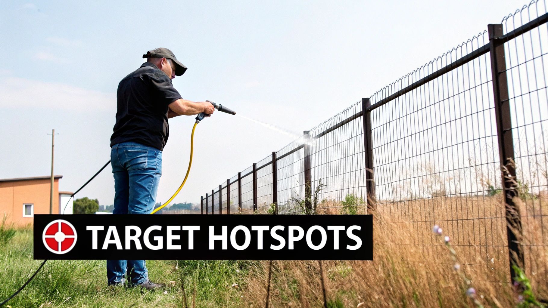 Person in protective gear spraying a yard treatment along a fence line.