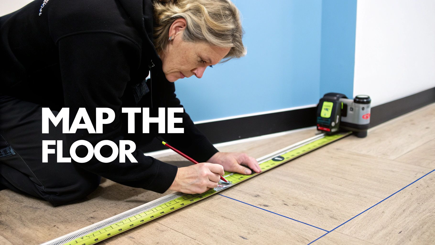 A person inspecting a subfloor with a long level to find high and low spots.