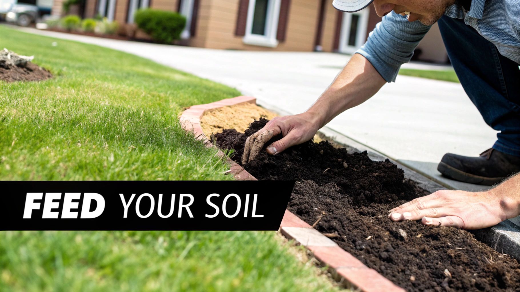 A person's hands mixing dark, rich soil in a garden bed next to a green lawn with a house. Text: FEED YOUR SOIL.
