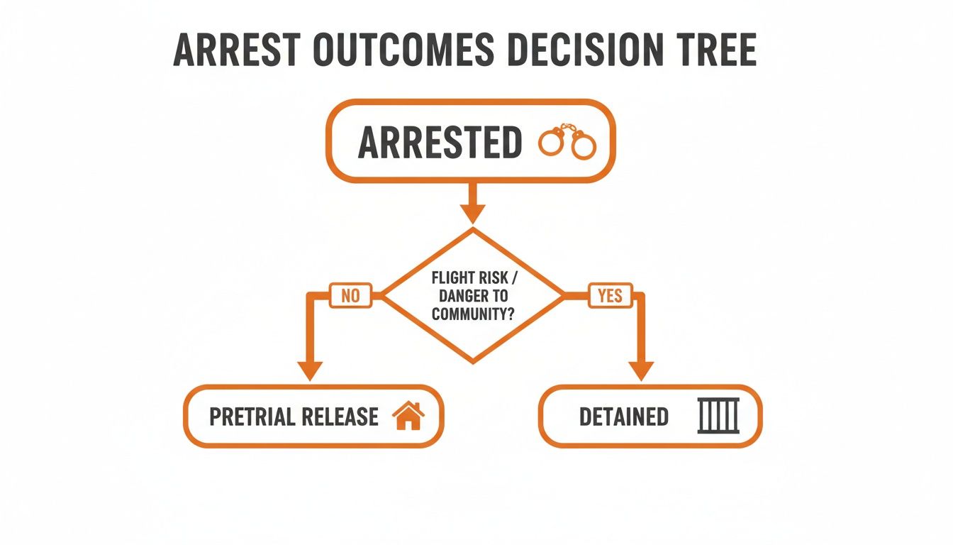 Flowchart illustrating arrest outcomes: an arrested individual is assessed for flight risk or danger, leading to pretrial release or detention.