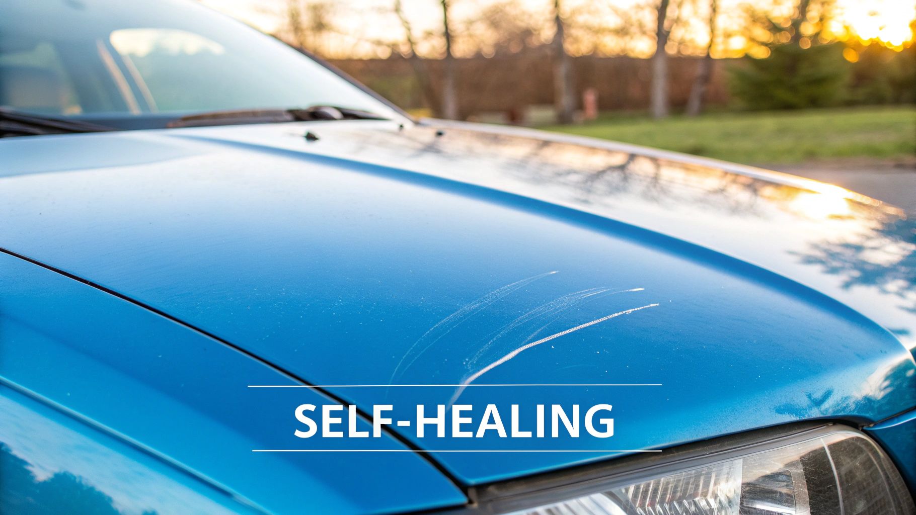 Blue car hood with visible scratches and 'SELF-HEALING' text, implying advanced paint protection technology.