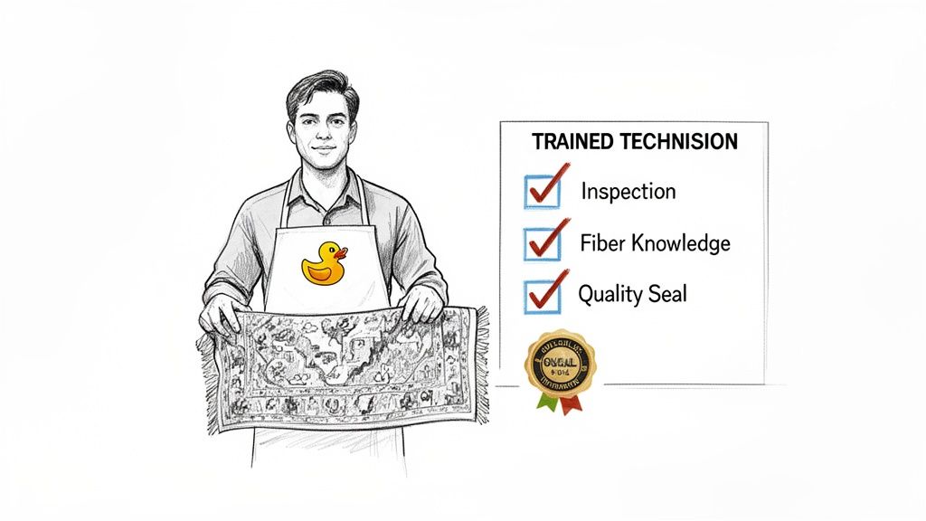 A smiling man in a rubber duck apron holds a patterned rug, next to a checklist for trained technicians.
