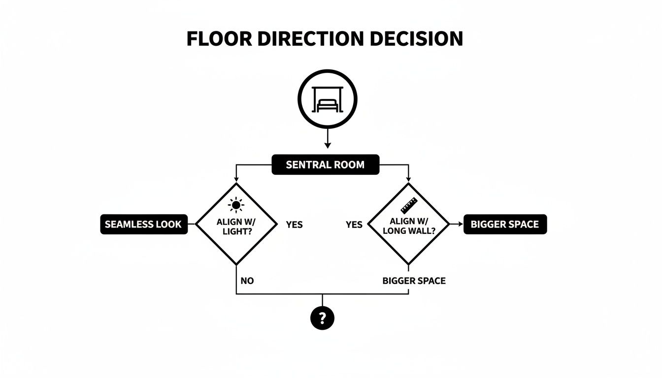 Flowchart detailing floor direction decisions, considering factors like light alignment for a seamless look or long walls for bigger space.