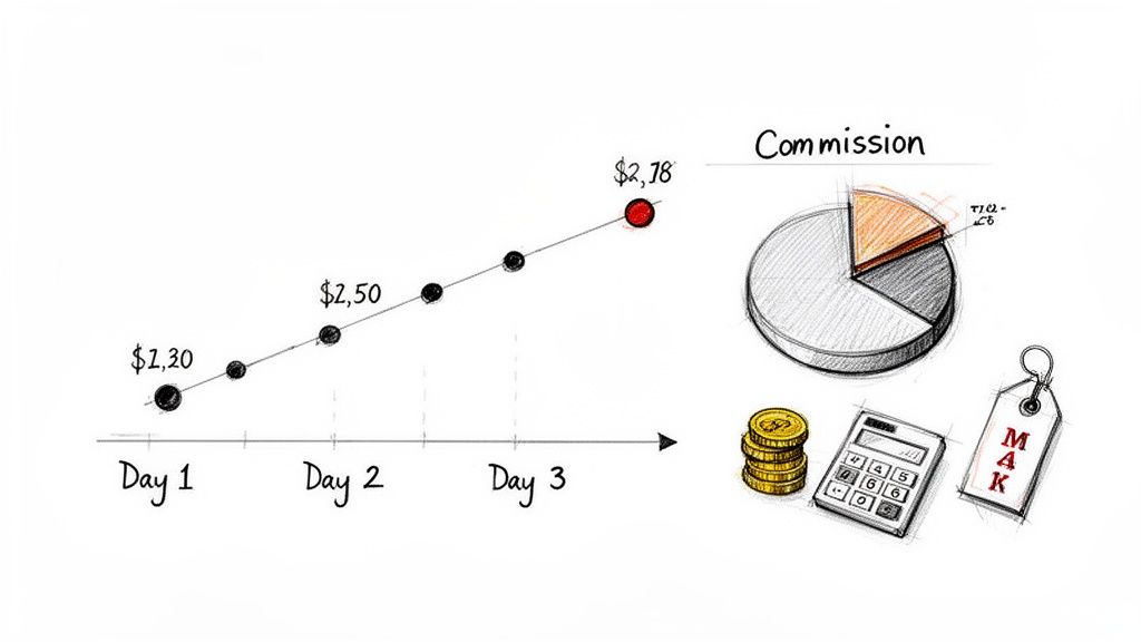 Hand-drawn illustration showing a line graph of increasing values over days, alongside a commission pie chart, coins, and a calculator.