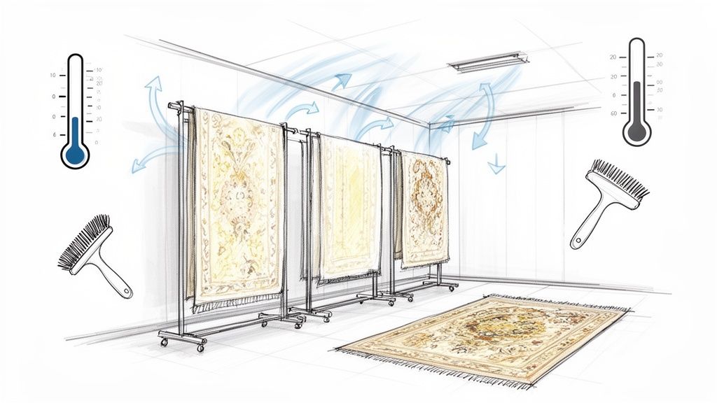 A wool rug is hung in a specialized drying room, with large fans circulating air to ensure even and controlled drying.