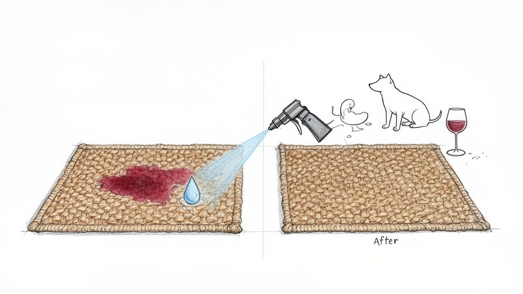 Illustration showing a red wine stain on a sisal rug being cleaned by a spray, resulting in a spotless rug.