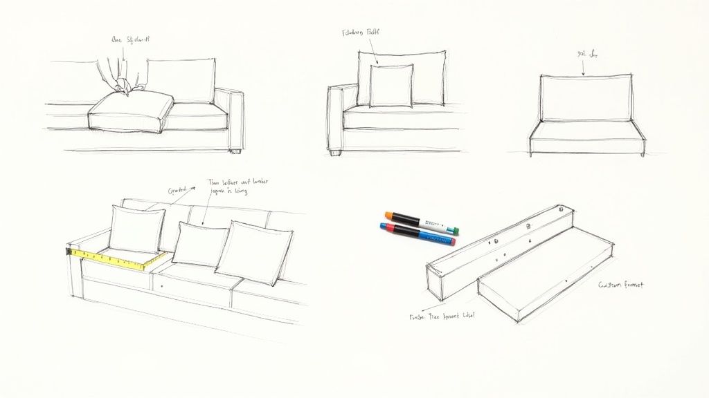 Detailed sketches showing various methods for sofa cushion repair, fluffing, and frame construction.