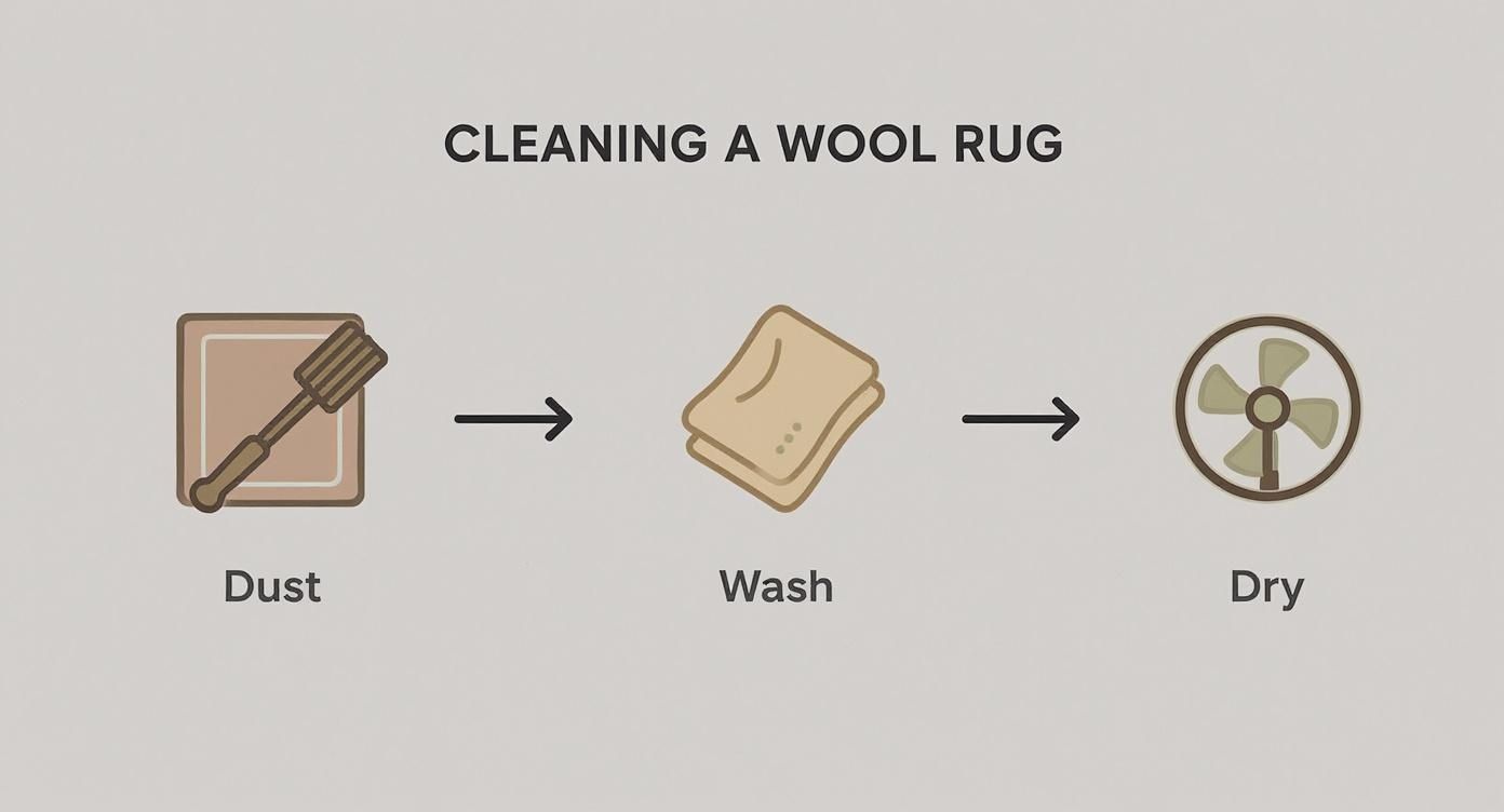 An infographic showing the three steps for cleaning a wool rug: dust, wash, and dry.