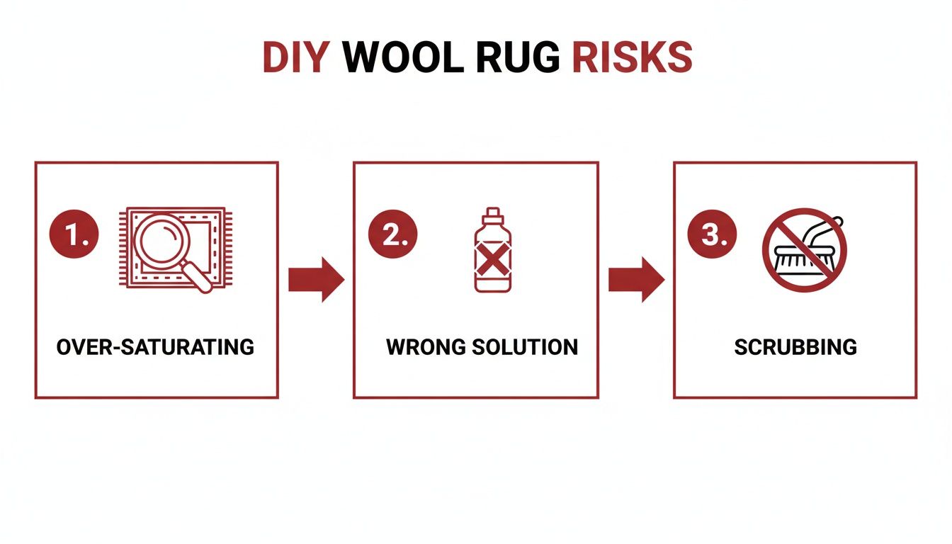 Infographic illustrating three DIY wool rug cleaning risks: over-saturating, using wrong solutions, and scrubbing.
