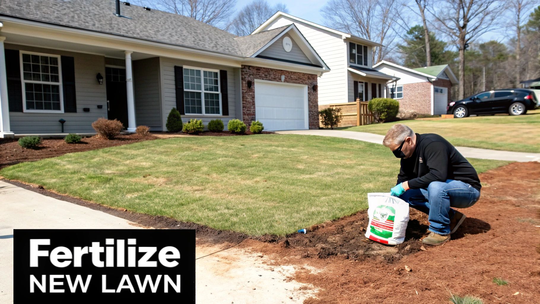 A man in a face mask and gloves kneels, applying fertilizer to a new lawn.
