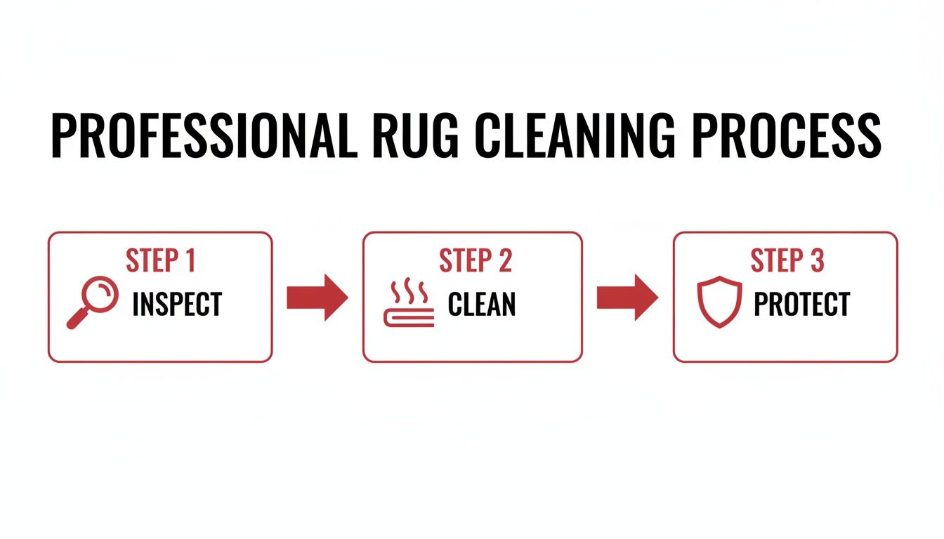 Diagram illustrating a professional rug cleaning process with three steps: inspect, clean, and protect.