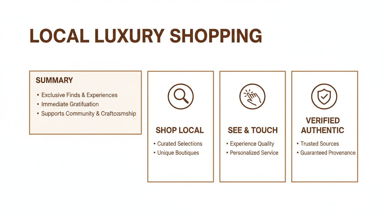 Infographic outlining benefits of local luxury shopping, including authenticity, unique finds, and community support.