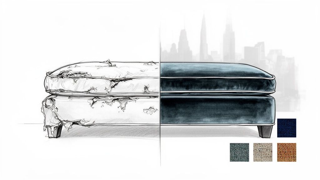 Sketch of a torn ottoman juxtaposed with a plush blue ottoman and fabric swatches.