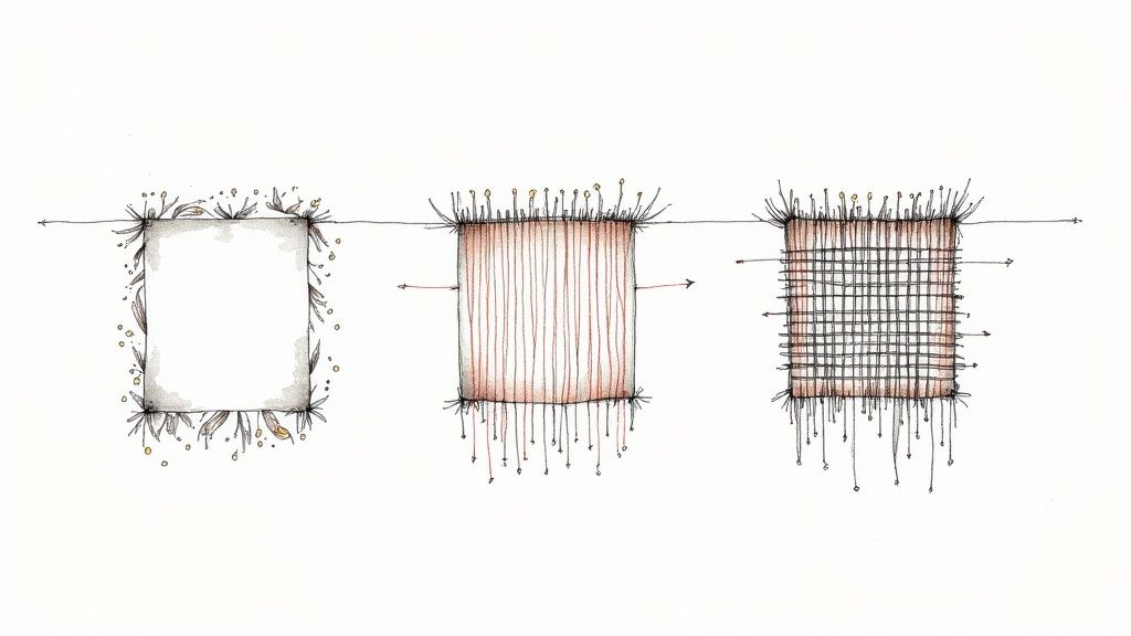 Three illustrations depict the stages of weaving: a frame, vertical threads, and a completed woven textile.