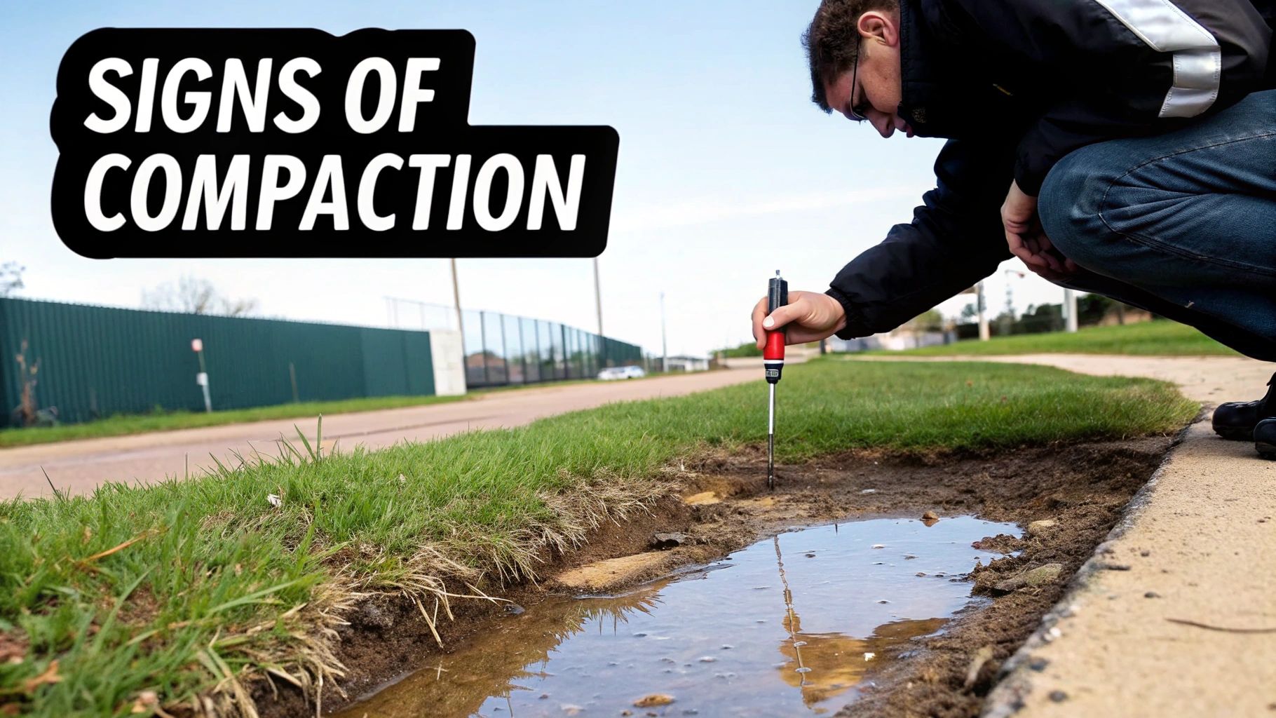 Understanding soil compaction: a man tests waterlogged soil with a red and black tool.