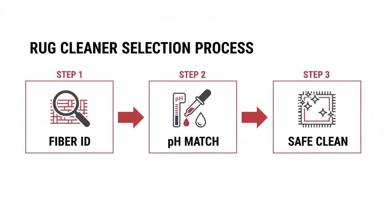 A visual guide illustrating the rug cleaner selection process in three steps: Fiber ID, pH Match, and Safe Clean.
