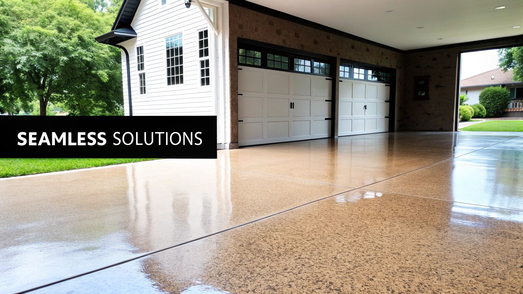A modern garage with two white doors and a shiny, seamless epoxy floor extending to the driveway.