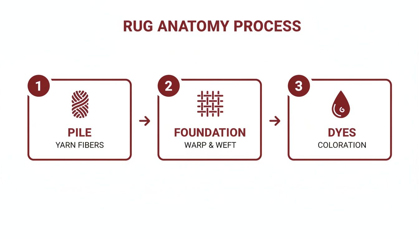 Diagram illustrating the rug anatomy process, including pile (yarn fibers), foundation (warp & weft), and dyes (coloration).