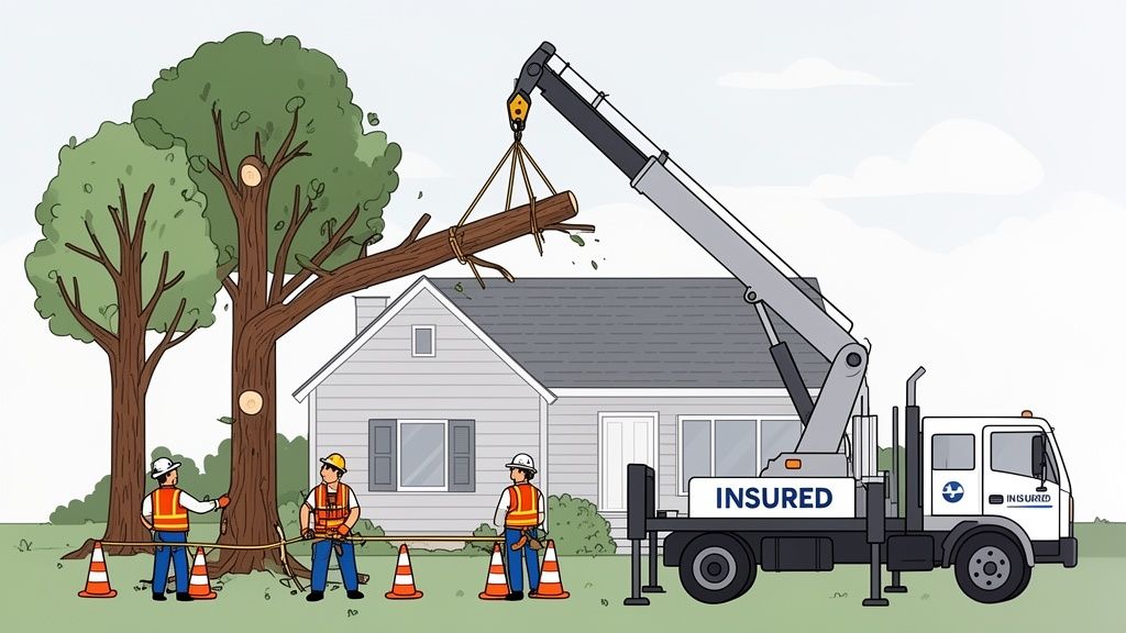 Workers use a crane truck to remove a large fallen tree branch from a house.