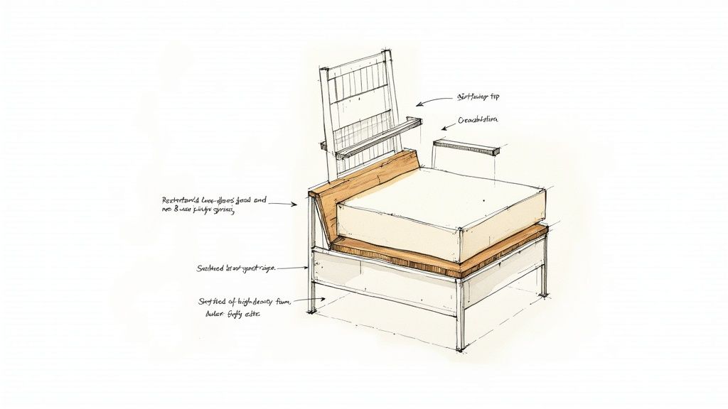 A close-up of a wooden chair frame being repaired and padded.