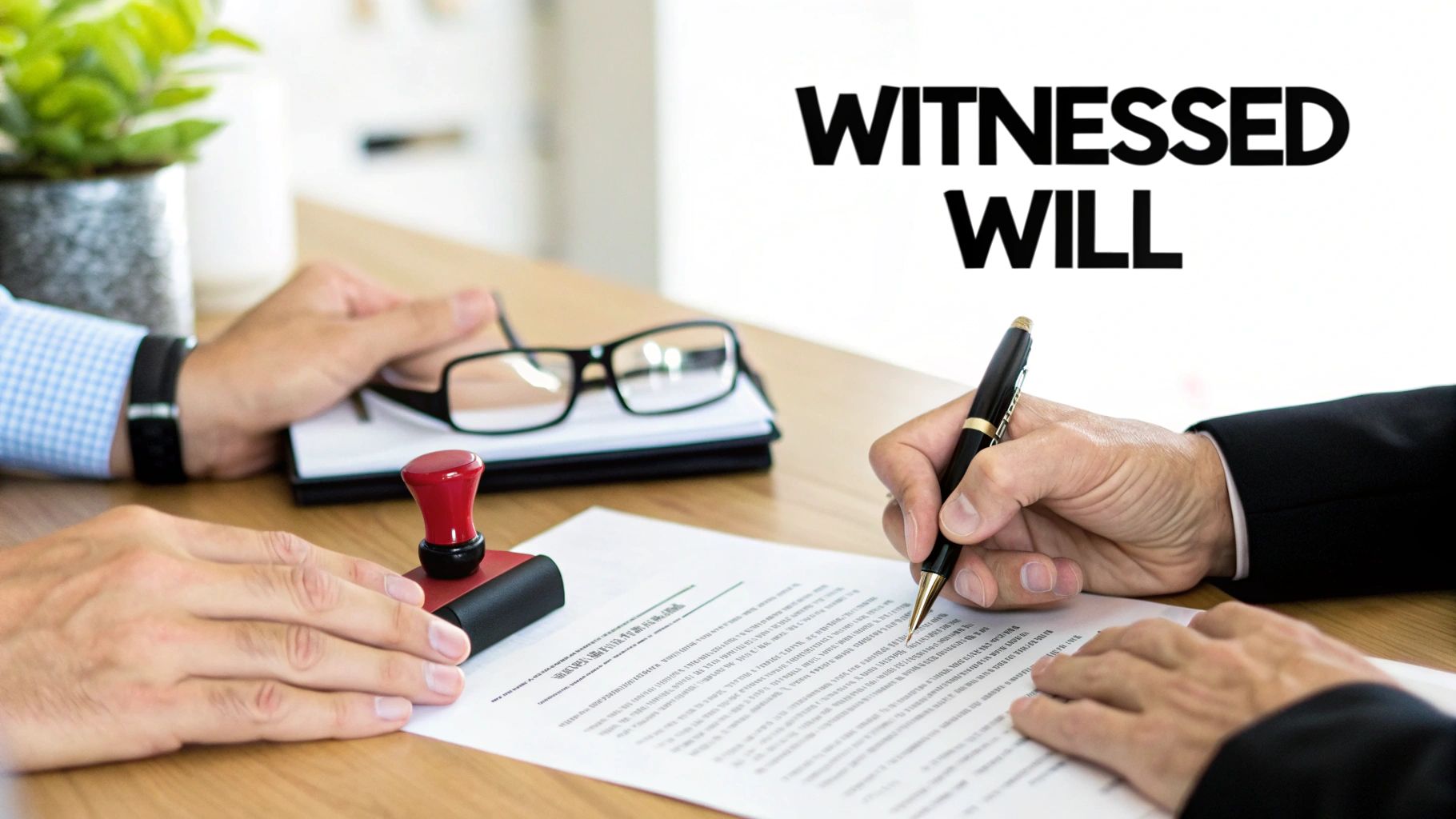 Hands signing a legal document, a witnessed will, with a notary stamp on a wooden desk.