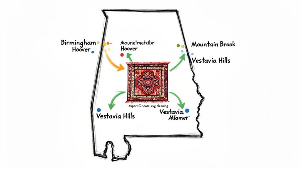 Map of Alabama showing cities served by an expert Oriental rug cleaning service.