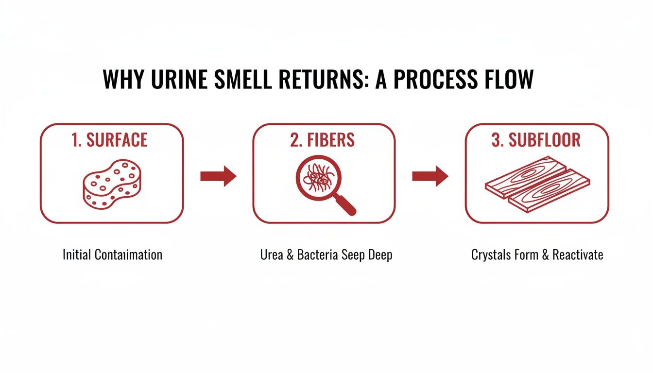 Visual process flow explaining why urine odors return, detailing contamination, deep seepage, and crystal reactivation.