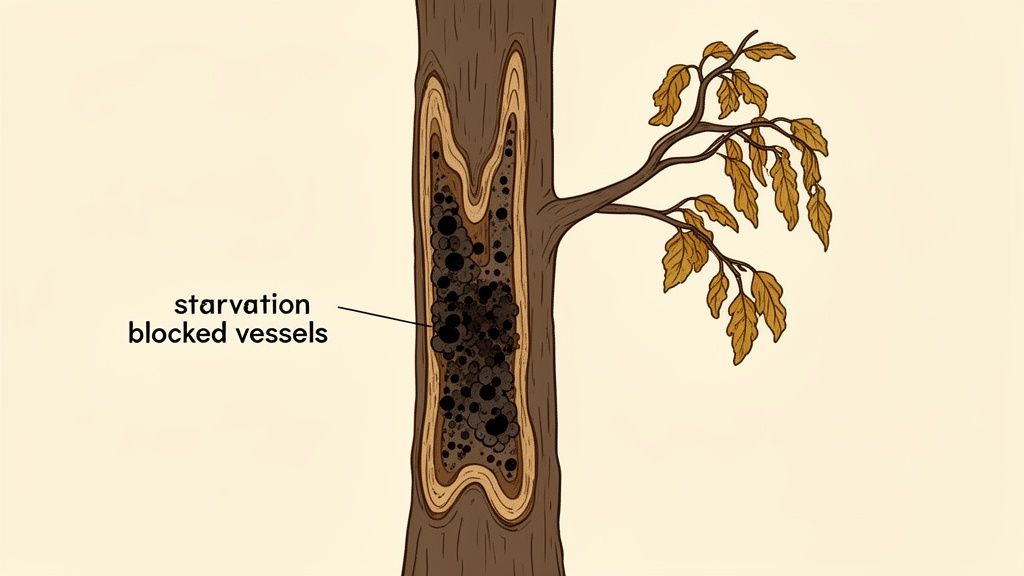 An illustration showing a tree trunk with blocked vessels causing starvation and wilting leaves, depicting Dutch elm disease.