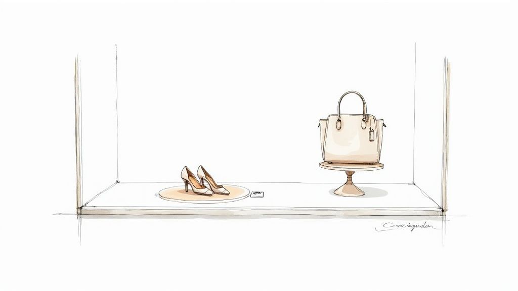 An illustration of a luxury shop window display with nude high heels and a matching handbag.