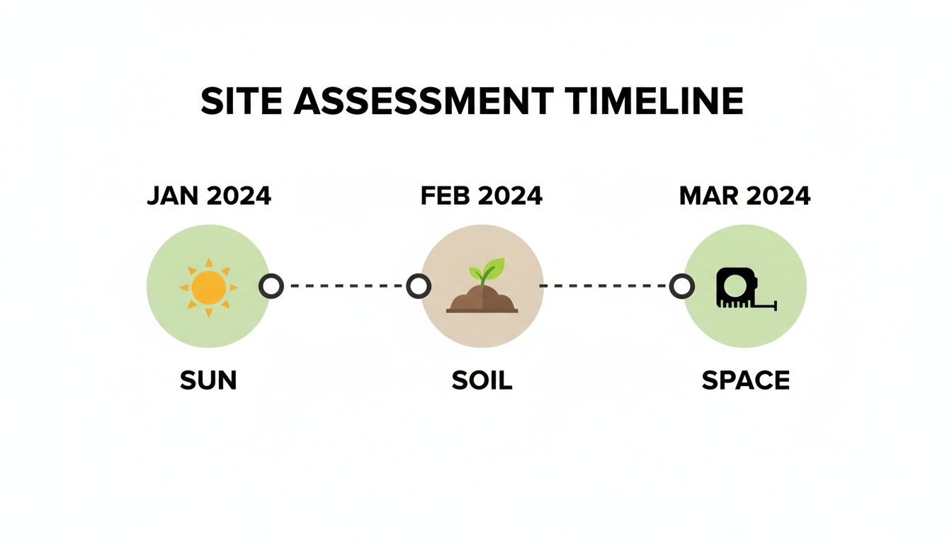 Timeline for site assessment in 2024, showing steps for sun, soil, and space.