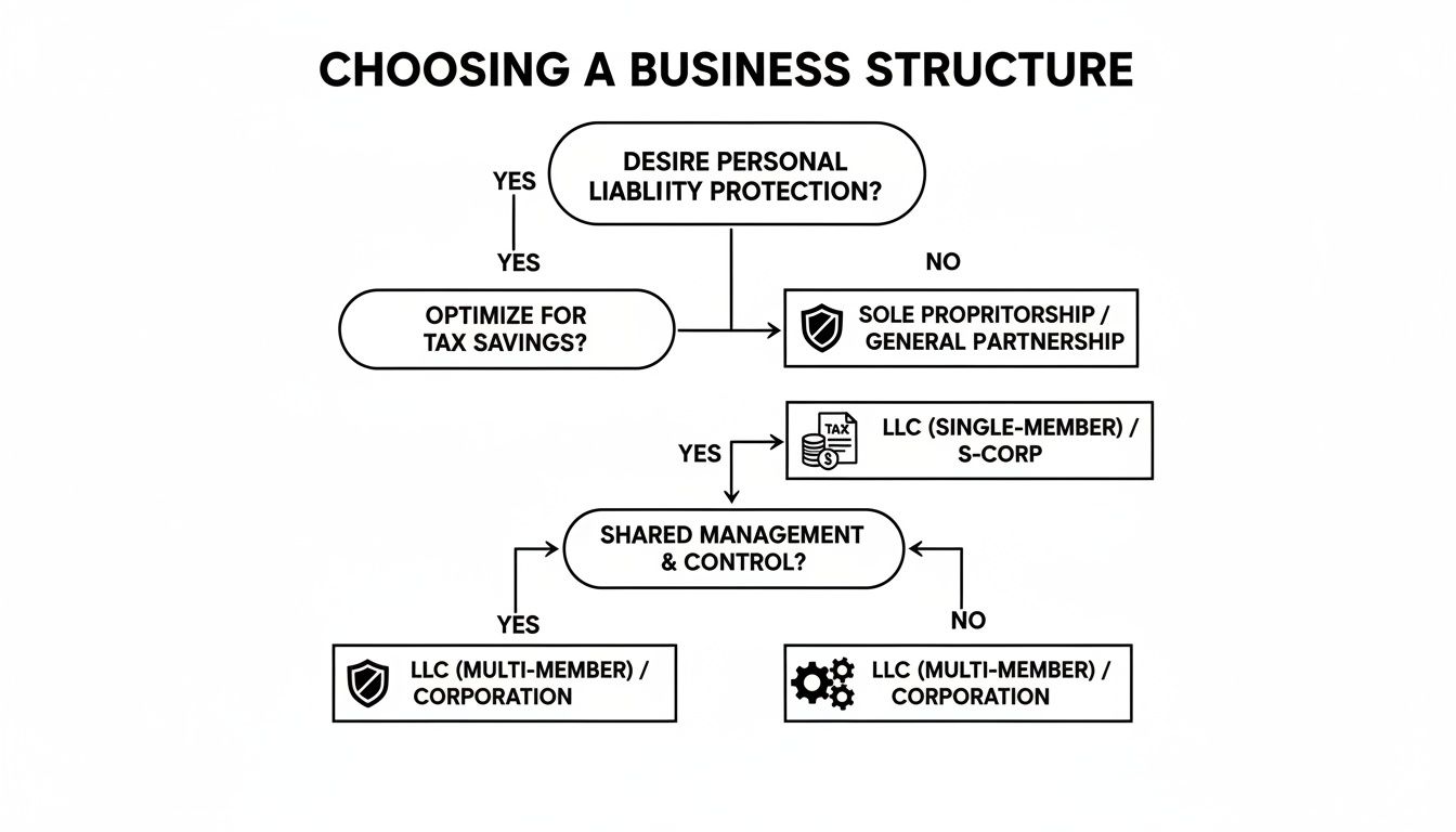 Flowchart guiding business owners through choosing a business structure based on personal liability, tax, and management.