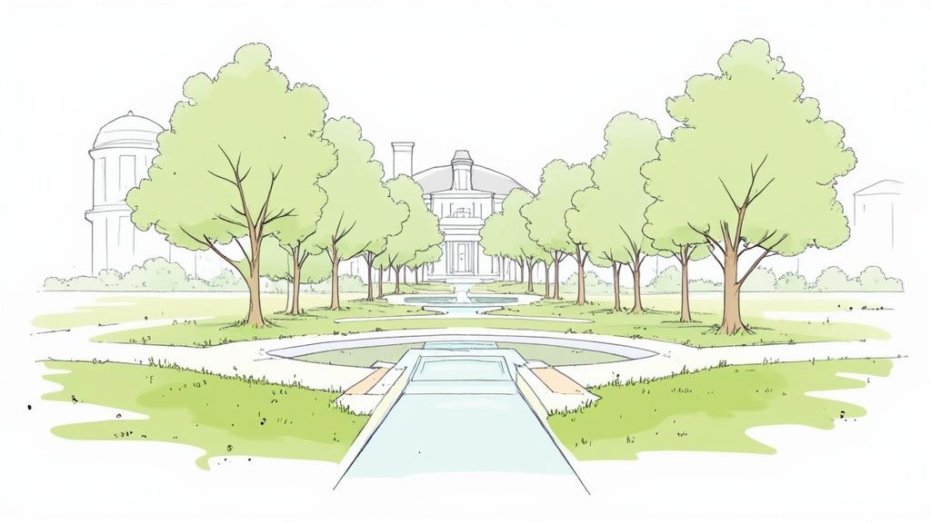 Illustrated front yard landscaping plan for a grand estate with trees and symmetrical water features.