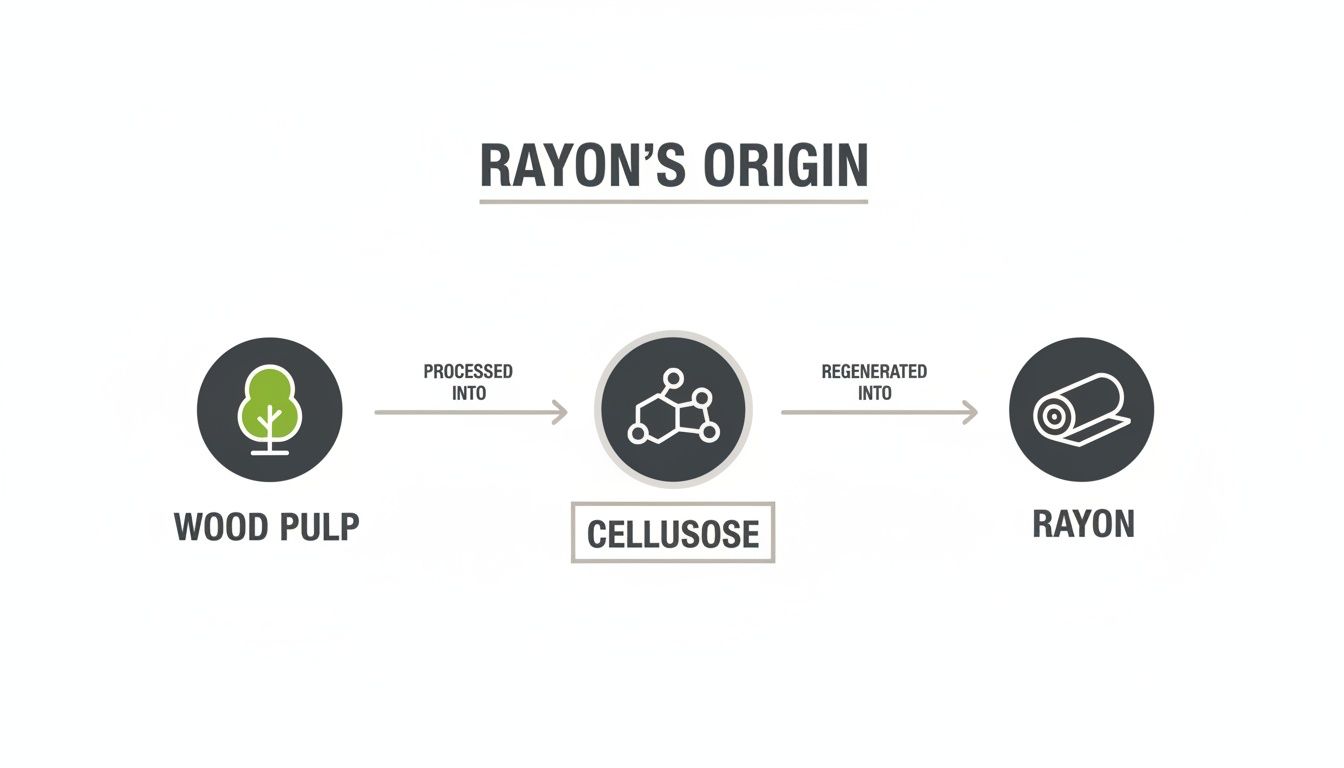 Diagram illustrating rayon's origin, showing wood pulp processed into cellulose, which is regenerated into rayon.