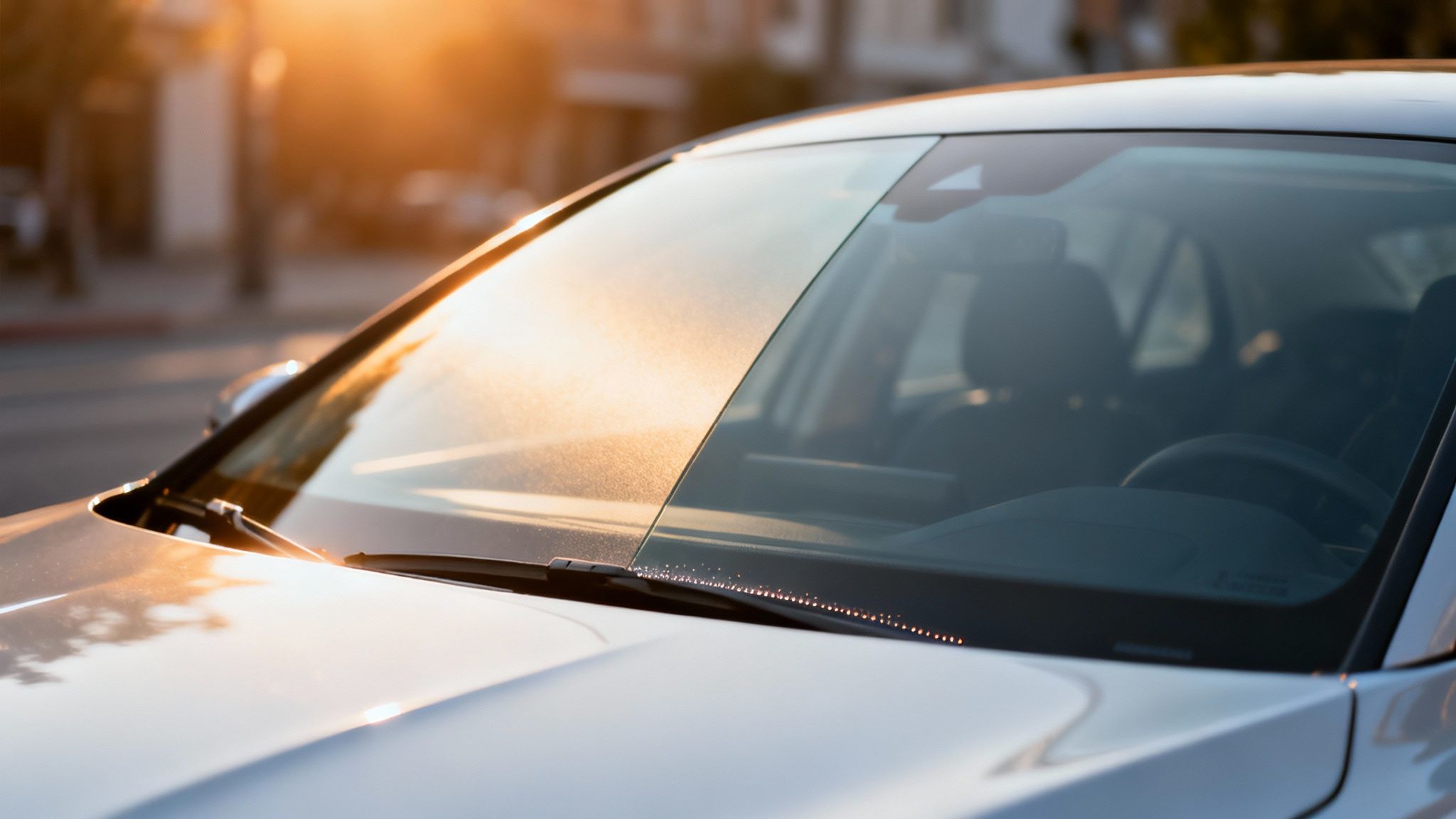 Golden hour sunlight reflects intensely off a white car's windshield, highlighting potential for ceramic tint.